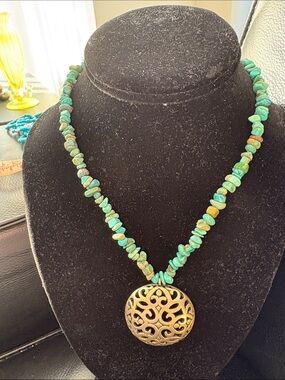 Handmade Tibetan Turquoise Chip Necklace with Bronze  Filigree Scroll Globe